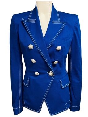 BALMAIN BLUE DOUBLE BREASTED COTTON JACKET WITH SILVER BUTTONS